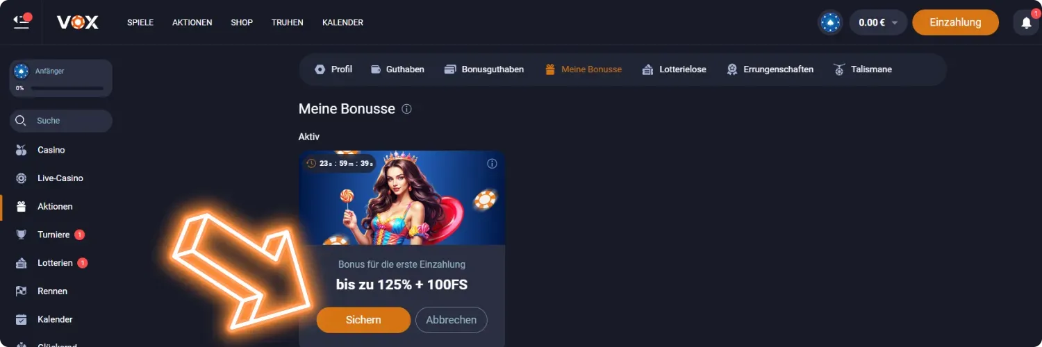 Vox Casino Bonus-Aktivierung