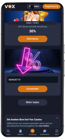 Gib den Vox Casino Promo-Code ein