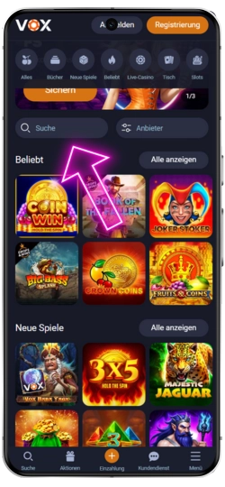 Spielsuche in der mobilen Vox Casino App